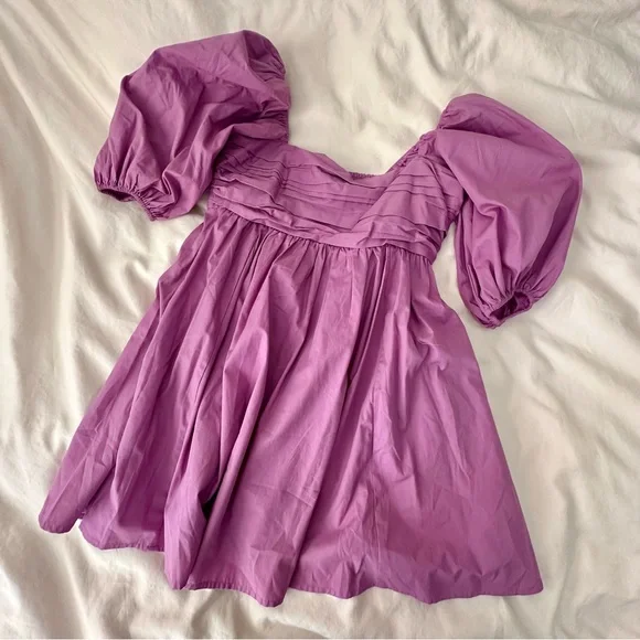Abercrombie & Fitch Emerson Poplin Puff Sleeve Mini Dress | Fuchsia | Purple - Picture 3 of 5